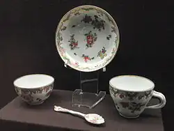 Teacup, coffee cup, spoon and saucer from the Daniel Ludlow service, c. 1775–1778