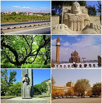 From top left: View of Artashat&nbsp;• Statue of King Artaxias I Apricot farms &nbsp;• Surp Hovhannes Church World War II memorial&nbsp;• Downtown Artashat