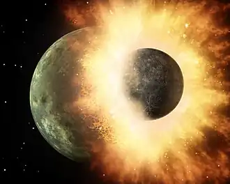 Image 27Artist's conception of the giant impact thought to have formed the Moon (from Formation and evolution of the Solar System)