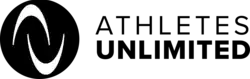 A black circle enclosing two white arcs, with the words "Athletes Unlimited" written to its right.