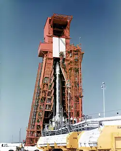 Gantry pull back at LC-12 for an Atlas 263D launch with Project FIRE 1