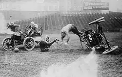 A rollover during a match in a most likely staged circa 1910 photograph by the Bain News service.