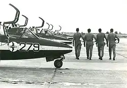 The four pilots and jets of the IAF Aero­batic Team (see double goose symbol) at the Hatzerim Airbase in 1976