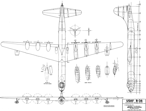 3-view line drawing of the Convair B-36