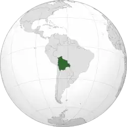 Location of Bolivia (dark green) in South America (gray)