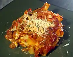 Baked ziti with tomato sauce and cheese