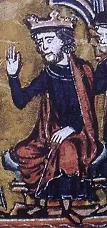 A seated Baldwin wears his crown