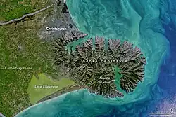 Banks Peninsula and Christchurch in a 2021 NASA satellite photo