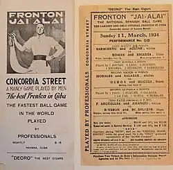 1934-program, "The Largest and Only Official Fronton in Cuba-Concordia corner of Lucena Street."