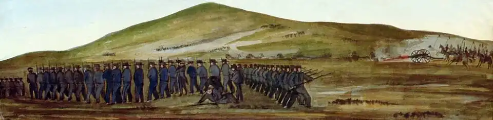 The Battle of Dominguez Rancho as depicted by William H. Meyers in Naval Sketches of the War in California, published in 1939 (the "Old Woman's Gun" can be seen on the upper left side of the painting)