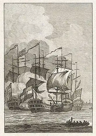 Naval battle of Captain Krul against three English ships Engraving by Reinier Vinkeles, 1781