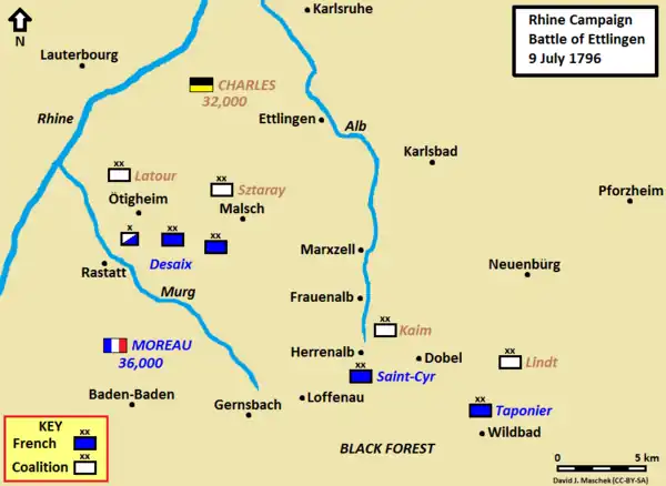 Map shows the Battle of Ettlingen (or Malsch) which was fought on 9 July 1796 during the War of the First Coalition.