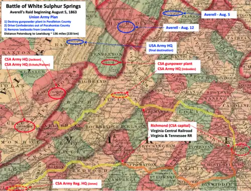 map showing western Virginia with Union and Confederate positions and two railroads