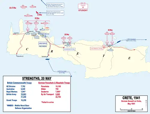 A map depicting the various places where the Germans landed troops on the island of Crete