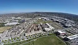 Looking south over Bay Meadows II from above the community park
