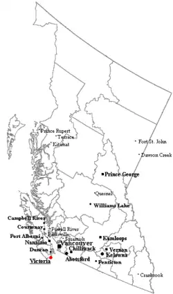 Outline map of British Columbia with significant cities and towns.