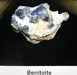 Blue benitoite crystals on white natrolite, Dallas Gem Mine, San Benito Co., California, US