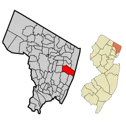 Location of Tenafly in Bergen County highlighted in red (left). Inset map: Location of Bergen County in New Jersey highlighted in orange (right).