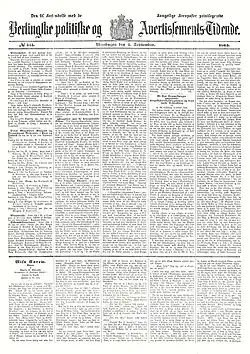 The cover page of Berlingske September 4, 1865 (Royal Danish Library)