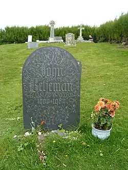 John Betjeman's grave with inscription on slate in Cornwall