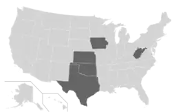 The Big 12 as it existed from 2012 to 2023, after the departures of Texas A&M and Missouri and the additions of TCU and West Virginia