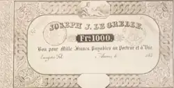 Bill of 1000 Belgian francs issued by the Joseph J. Le Grelle bank in the 1840s.
