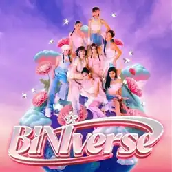 A girl group eight members in pastel outfits pose on a platform with clouds and flowers against a pink purple sky with the title "BINIverse" is at the bottom in a 3D glossy font.