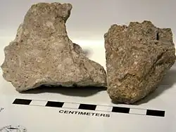 Rocks from the Bishop tuff in California: unwelded with pumice on left, welded with fiamme on right