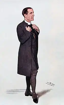 Drawing of a dark-haired man, facing right, dressed in long black coat, black stockings and white collar. He is grasping his lapels as if about to speak.