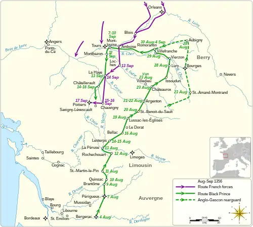 a map showing the route of the Black Prince's division during the campaign and dates of visits to various places, and similar for King John II's army