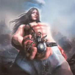 A painting of a giant, muscular man with long brunette hair, holding a spider in his right hand.