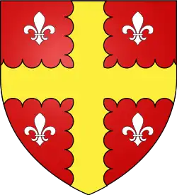 Alternative coat of arms of the Abbey of Saint Sauveur, Villeloin: Gules, a cross engrailed Or between four fleurs-de-lis Argent.[13]