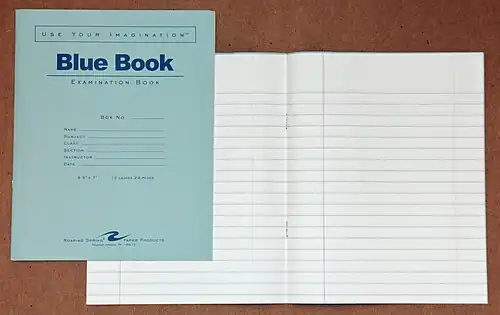 A 12-sheet Blue book used in many post-secondary schools in the United States