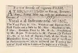 1773, May 14. Concert for the benefit of Signora Frasi.
