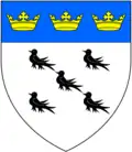 Argent five martlets saltirewise sable on a chief azure three ducal crowns or (Bodley)