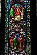Detail of the stained glass representation of the meeting of Saint Severinus and Saint Amand