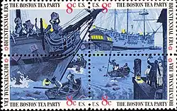 1773 depiction of the Boston Tea Party showing chests of tea being dumped into Boston Harbor on a late night by the Sons of Liberty to protest the Tea Act