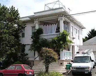 Photograph of the Bowers House, a two-story house with colossal pillars