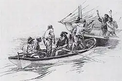 Men in a smaller boat hold two men in a larger boat at gunpoint