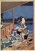 Moonlight View of Tsukuda with Lady on a Balcony