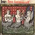 Italy.Mermaids, one with a 5-point holly-shaped citola, from Brunetto Latini's "Li livres dou tresor", c. 1300.