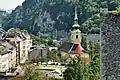 The church from Buda Castle with Gellért Hill in the background