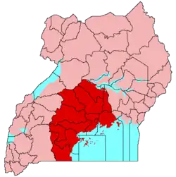 Location of Buganda (red) in Uganda (pink).