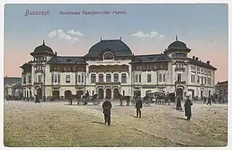 Romanian Revival - Building of the Public Officials Association in the Victory Square, Bucharest, 1900-destroyed by WW2 bombardments in 1944, by Nicolae Mihăescu[45]