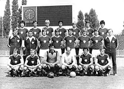 The team of BFC Dynamo at the Friedrich-Ludwig-Jahn-Sportpark on 8 September 1979. Assistant coach Skaba is seen second from left in the middle row, next to coach Bogs.