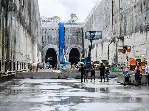 Picture of Burwood North station under construction from within the concrete station box.