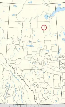 A map of the province of Alberta showing 80 counties and 145 small Indian reserves. One is highlighted with a red circle.