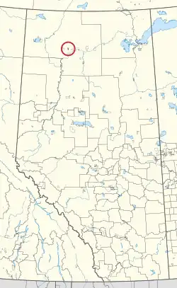 A map of the province of Alberta showing 80 counties and 145 small Indian reserves. One is highlighted with a red circle.