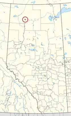 A map of the province of Alberta showing 80 counties and 145 small Indian reserves. One is highlighted with a red circle.