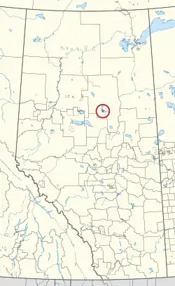 A map of the province of Alberta showing 80 counties and 145 small Indian reserves. One is highlighted with a red circle.